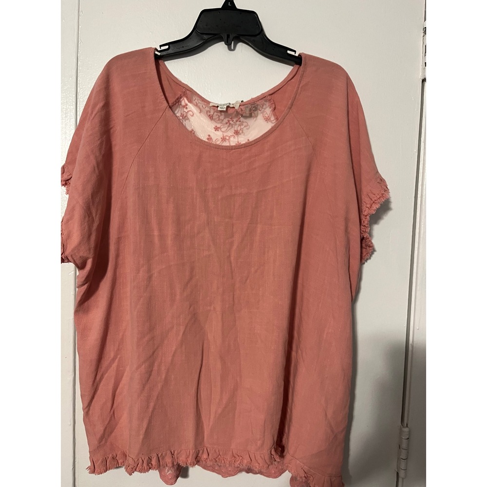 Umgee USA Pink Linen Blend Lace Back Fringe Trim Top WA6246 Womens Size 1XL